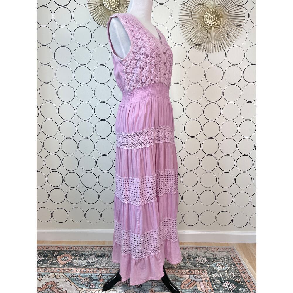 Crochet Tiered Maxi Dress Womens L Pink Purple Cottage Boho Romantic Cotton - Picture 2 of 15
